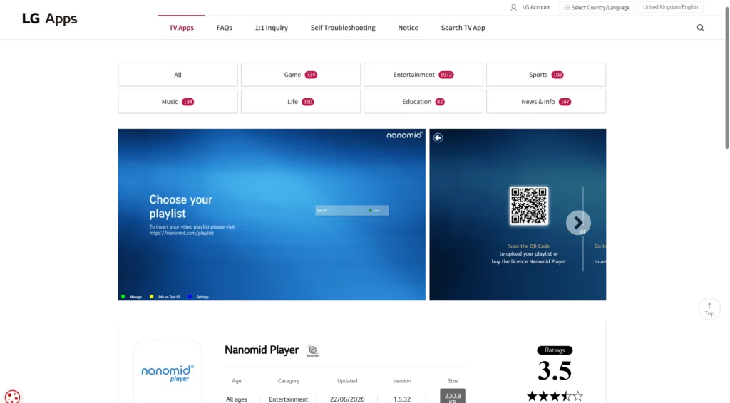 Nanomid Player on LG Apps UK showing playlist picker and QR code
