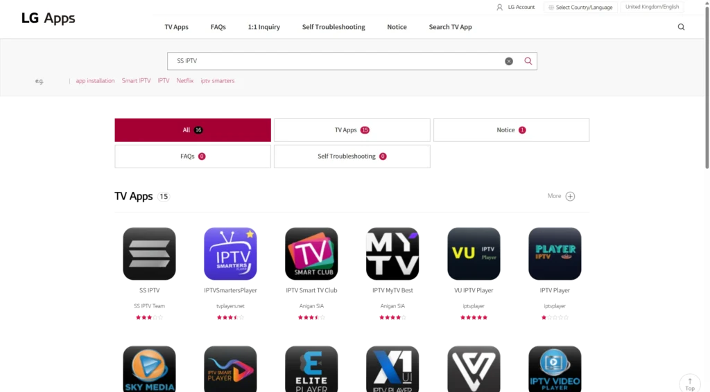 LG Apps UK catalogue search for SS IPTV showing SS IPTV and IPTVSmartersPlayer