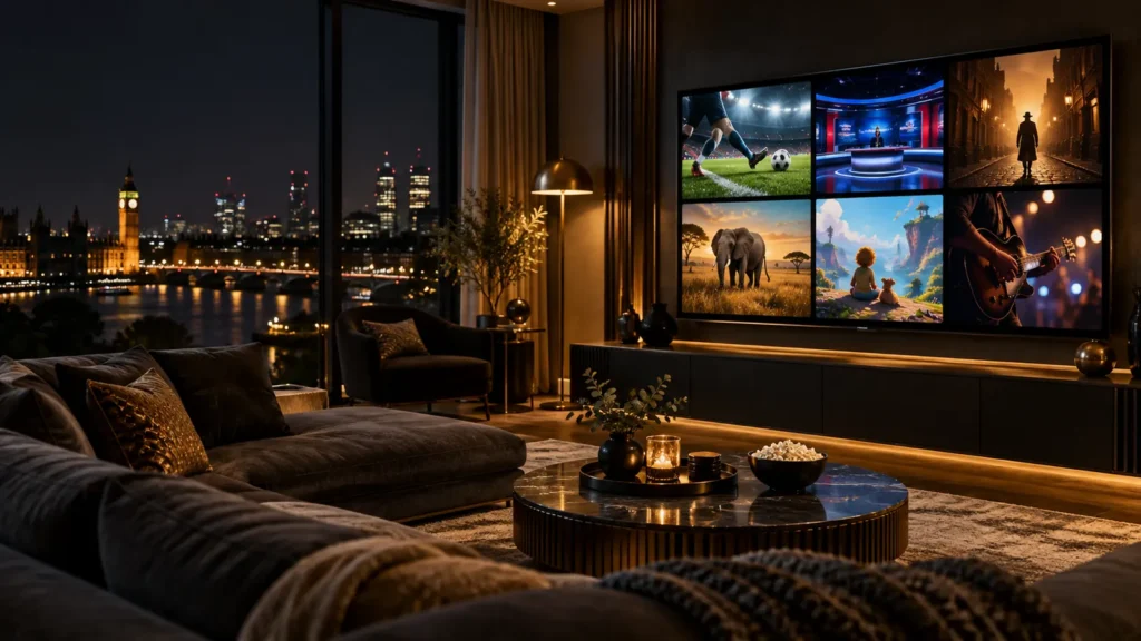Best IPTV provider in UK displayed on a large television in a British living room