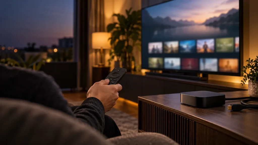 Google TV Streamer 4K IPTV UK setup with remote in a living room