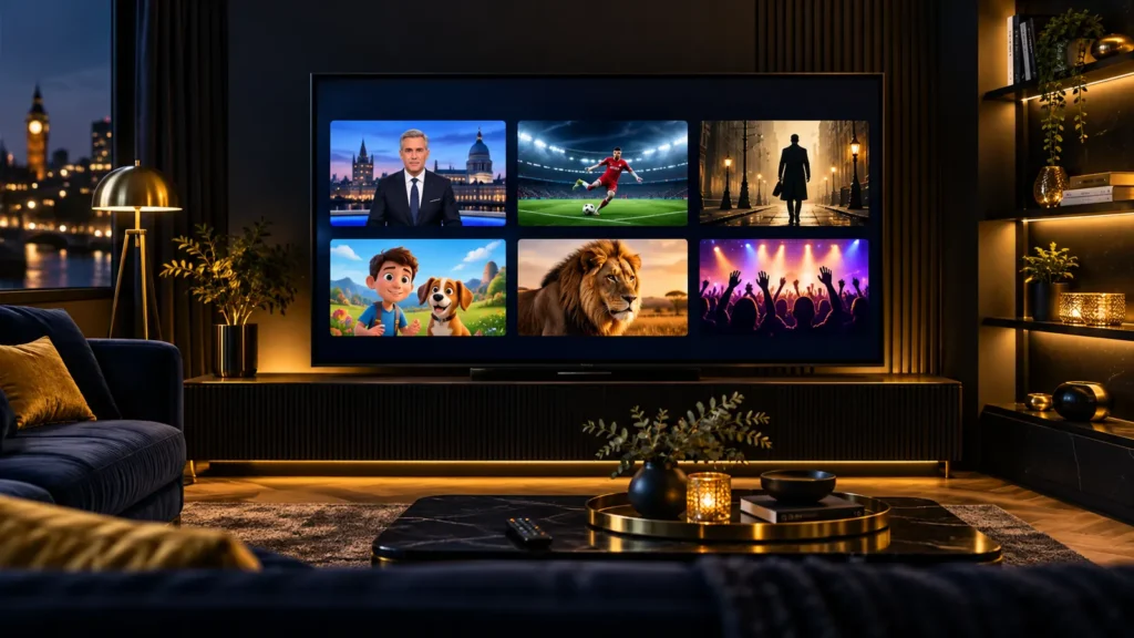 IPTV channels displayed on a modern television in a British living room