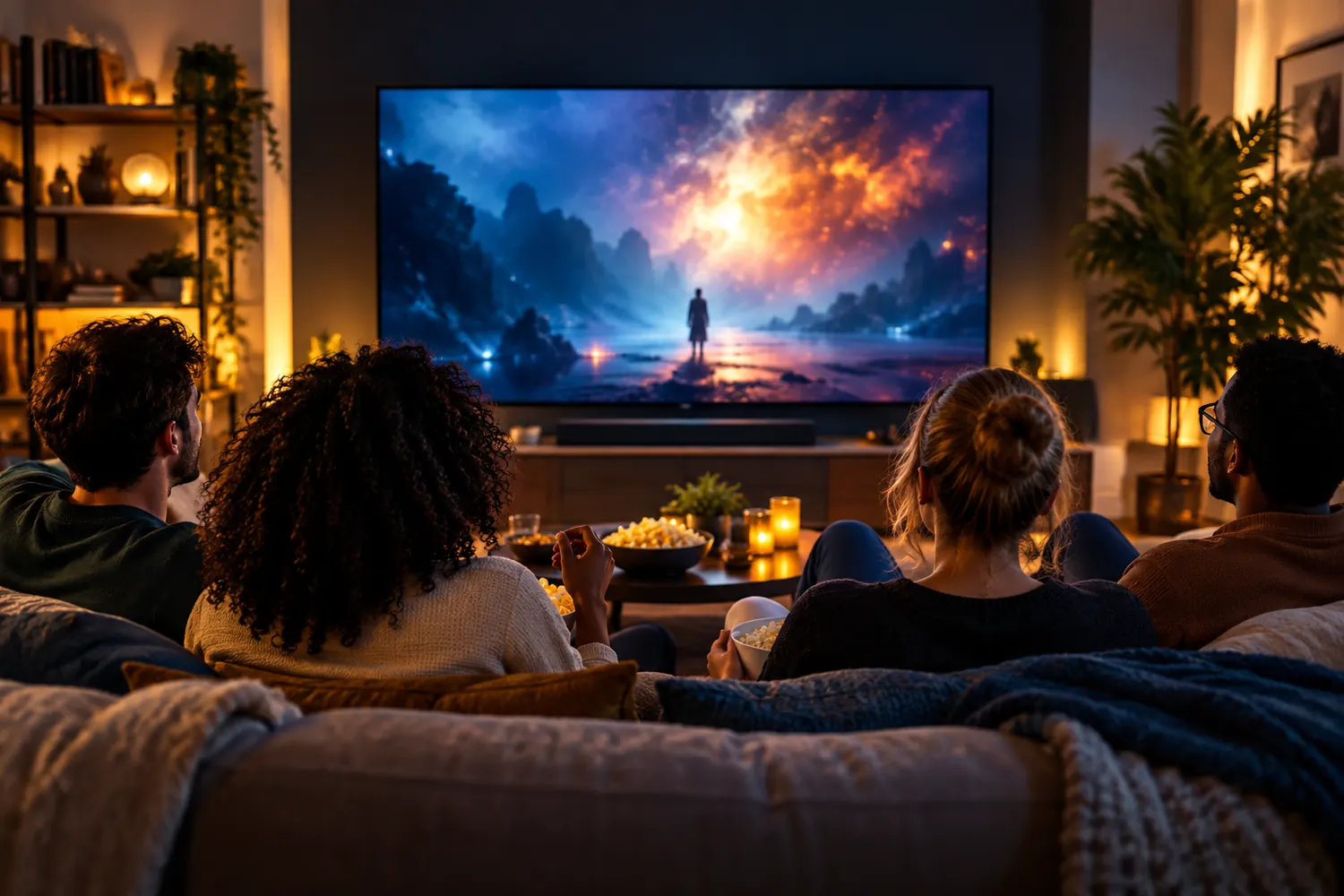 Friends choosing the best movies to watch during a home movie night